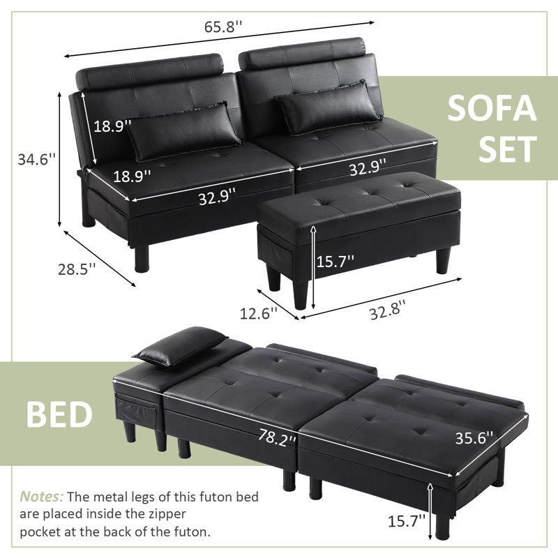 Convertible Futon Sofa Bed With Storage Ottoman/coffee Table, Multifunctional Folding Futon Set, Tufted Loveseat Sleeper Couch For Small Space, Bedroom, Apartment, Dorm (black)