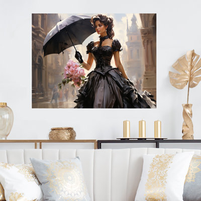 Portrait de femme rose et noir des années 50 avec parapluie I - femme victorienne, art mural en métal