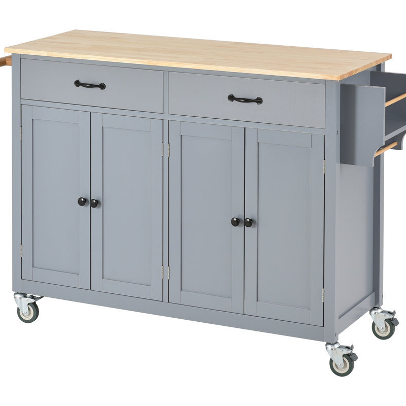 Kitchen Island Cart With Solid Wood Worksurface In Grey Blue, 4 Door Cabinet, 2 Drawers, Spice & Towel Rack, Locking Wheels Blue Countertop And Plenty Of Storage,
