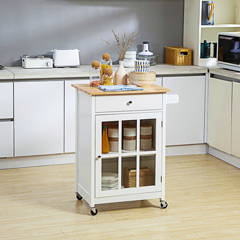 27" Rolling Kitchen Island Cart With Drawer And Glass Door Cabinet(No Include Stool)