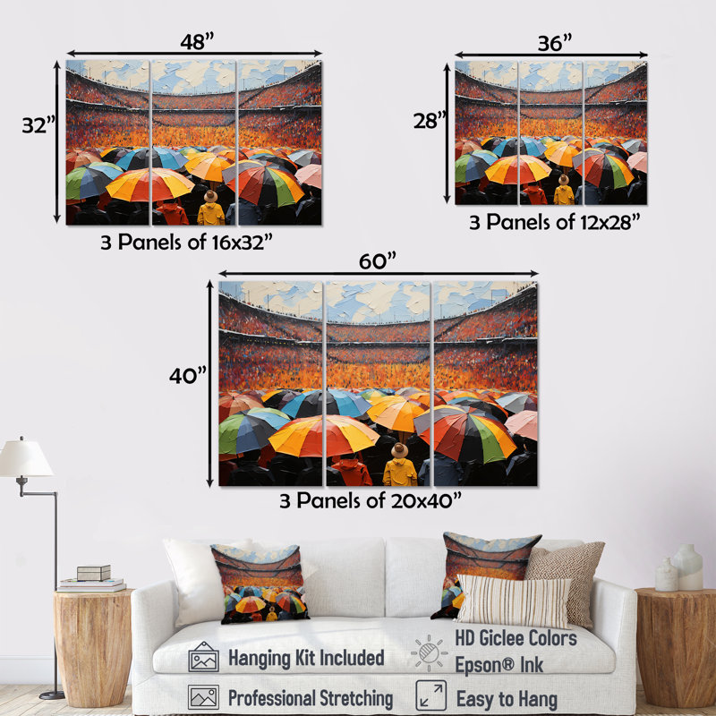 «Stadium Crowd with Umbrella In Rainy Day II», ensemble de reproductions d'art mural, H 32 po x l 48 po x P 1 po