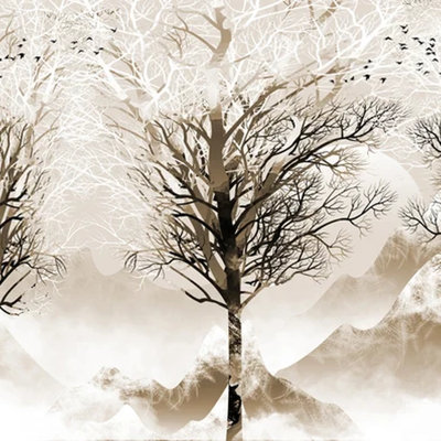 Beige & Ivory Winter Forest Tree Mural Wallpaper – Modern Scandinavian Nature Landscape Wall Decor – Peel And Stick Or Non-Woven Option