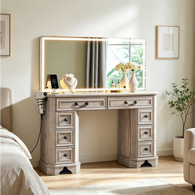 48" Vintage Farmhouse Makeup Vanity Desk LED Lighted Mirror & Power Outlets with 8 Drawers dresser