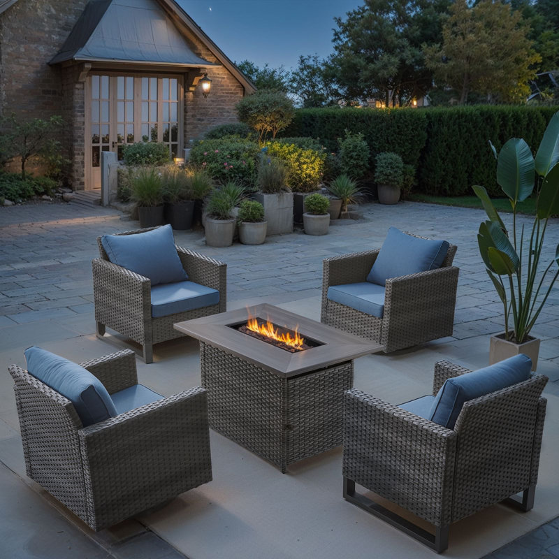 Kreda 5 - Piece Outdoor Seating Group With 41" Fire Pit With Swivel Glide Chair And Cushions, Gray, Blue