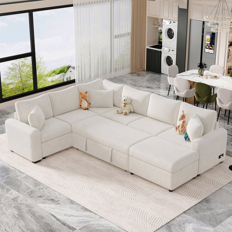 Sleeper, 112.2" Basic Sectional Sofa Sofa Pull-Out Sofa Bed  With A Storage Ottoman,Three Throw Pillows And Charging Devices