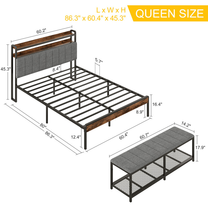 2 Piece Bedroom Set, Heavy Duty Bed Frame With LED And Charging Station And  Storage Ottoman Set, No Box Spring Needed, Queen