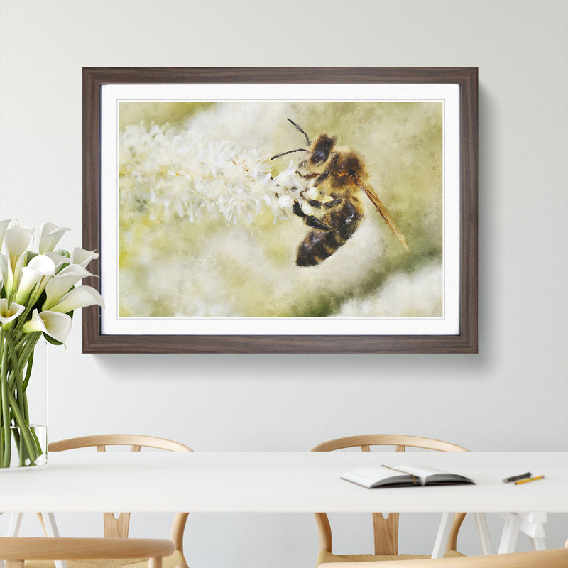 Bee Collecting Pollen Vol.1 - Picture Frame Painting, 27cm H x 36cm W x 2cm D, Walnut Framed