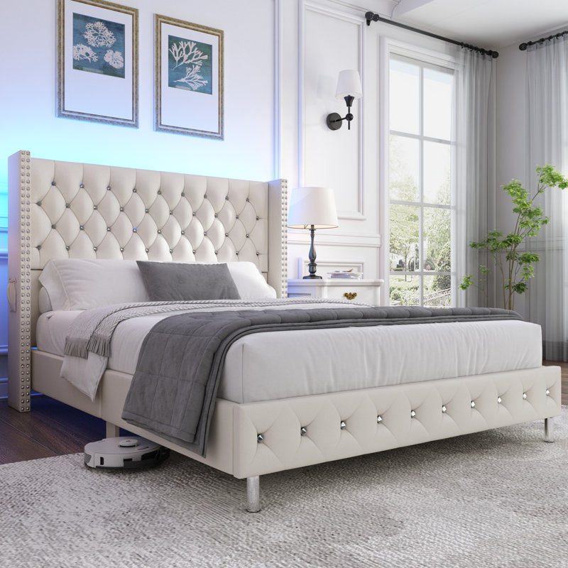 Milun Queen white Upholstered Platform Bed with Wingback and LED, Beige