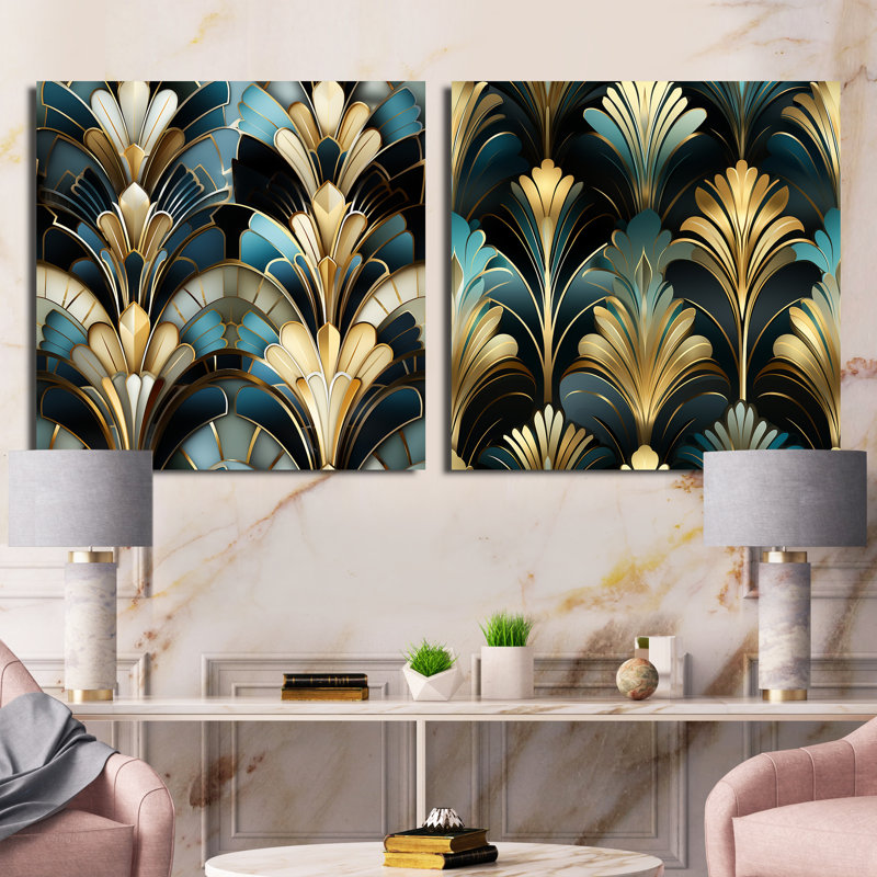 Emeraude et damas blanc art déco - ensemble de collage abstrait botanique carré de 2, Toile tendue, H 16 po x l 33 po
