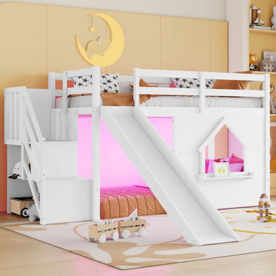 Lit mezzanine simple en bois massif pour enfants avec escalier de rangement, glissade, fenêtre de maison de jeu et lumières DEL 7 couleurs