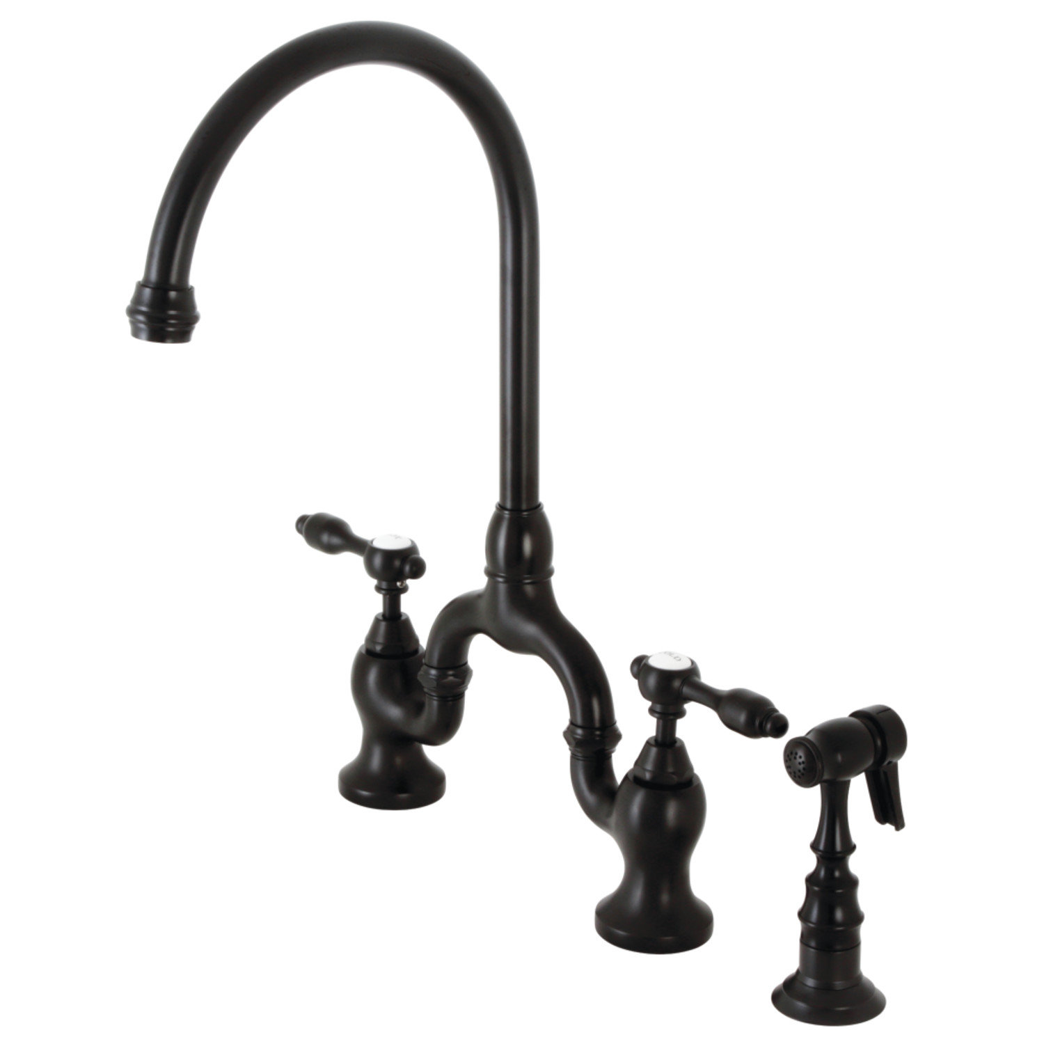 Kingston Brass Tudor Two-Handle 3-Hole Deck Mount Bridge Kitchen Faucet with Brass Side Sprayer, Matte Black