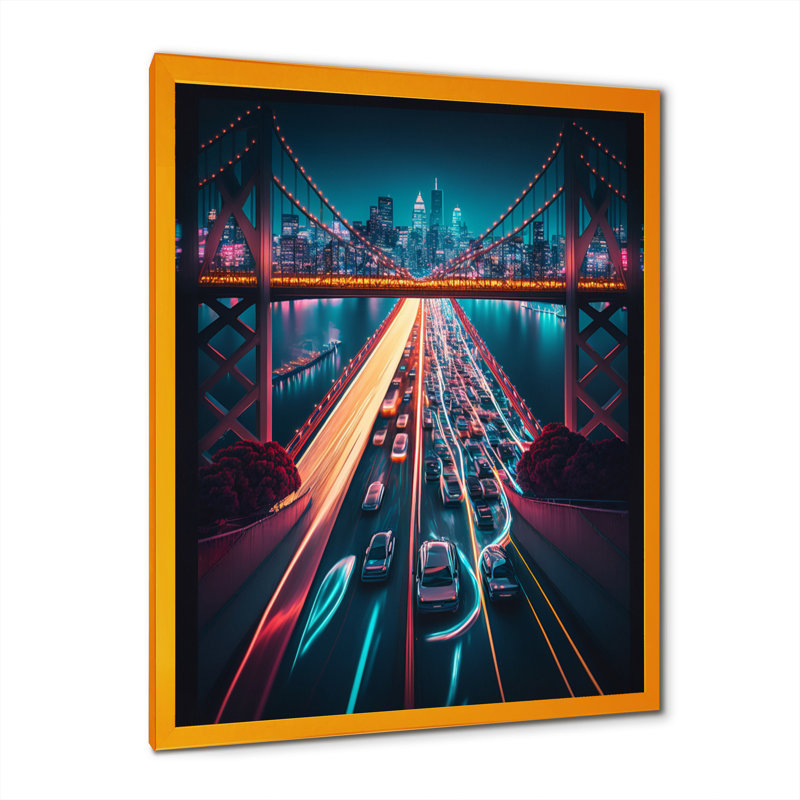 «Futuristic San Francisco Neon II - Cityscapes», art mural sur toile, H 32 po x l 24 po x P 1 po, Cadre doré