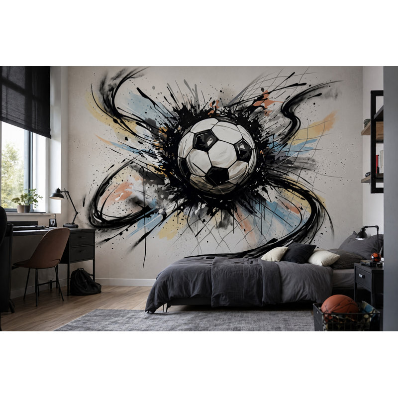 Papier peint ballon de soccer encre éclaboussure dynamique, 120 po x 96 po, Peler et coller