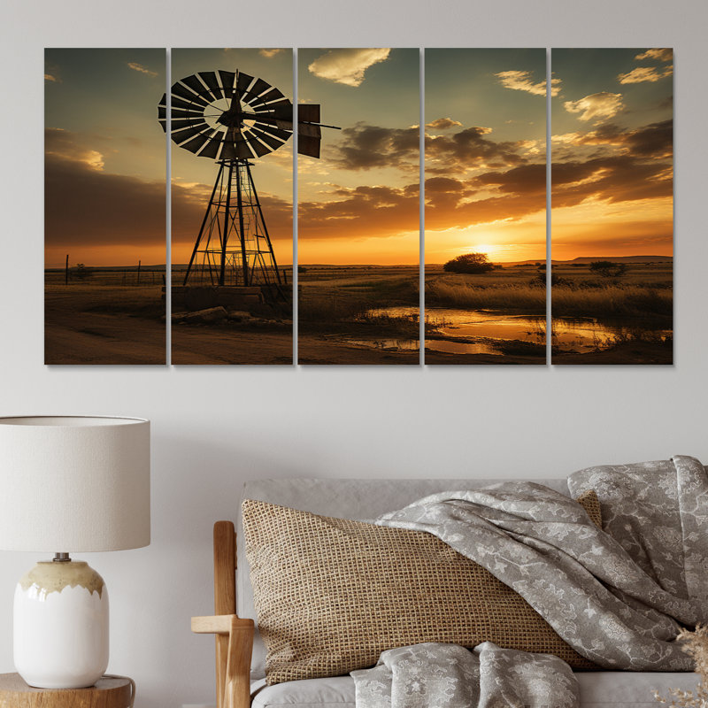 «Texas Rustic Windmills», impression d'art mural de paysages - 5 panneaux égaux