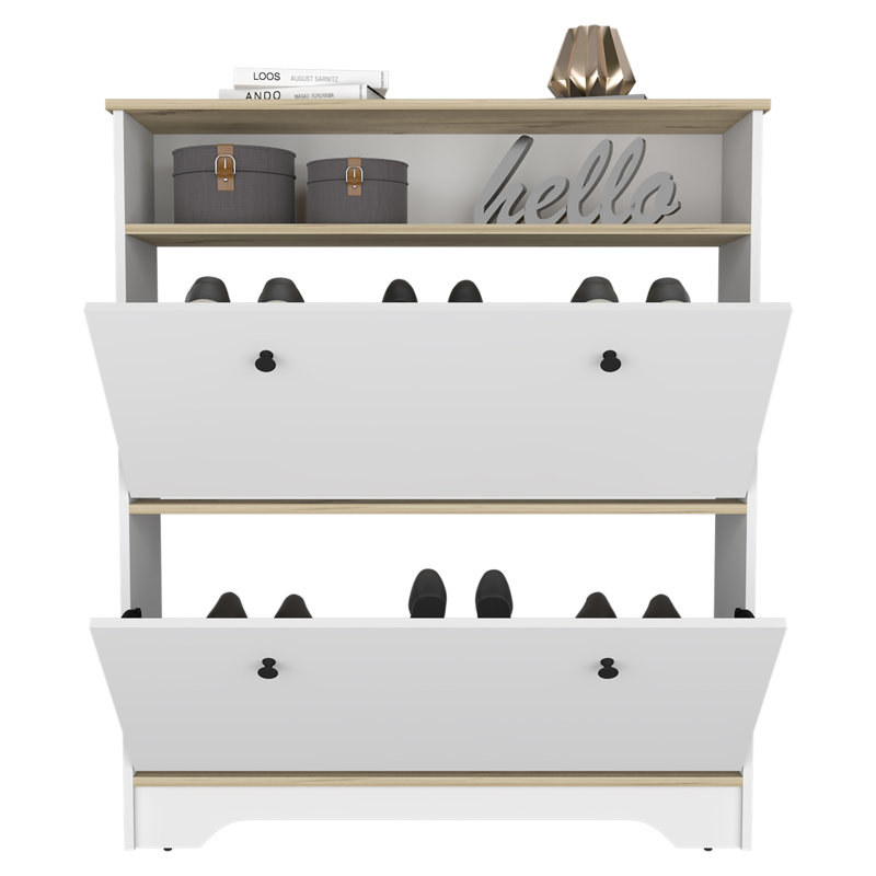 Range-chaussures Dublin avec une tablette ouverte et deux armoires extensibles, Chêne clair