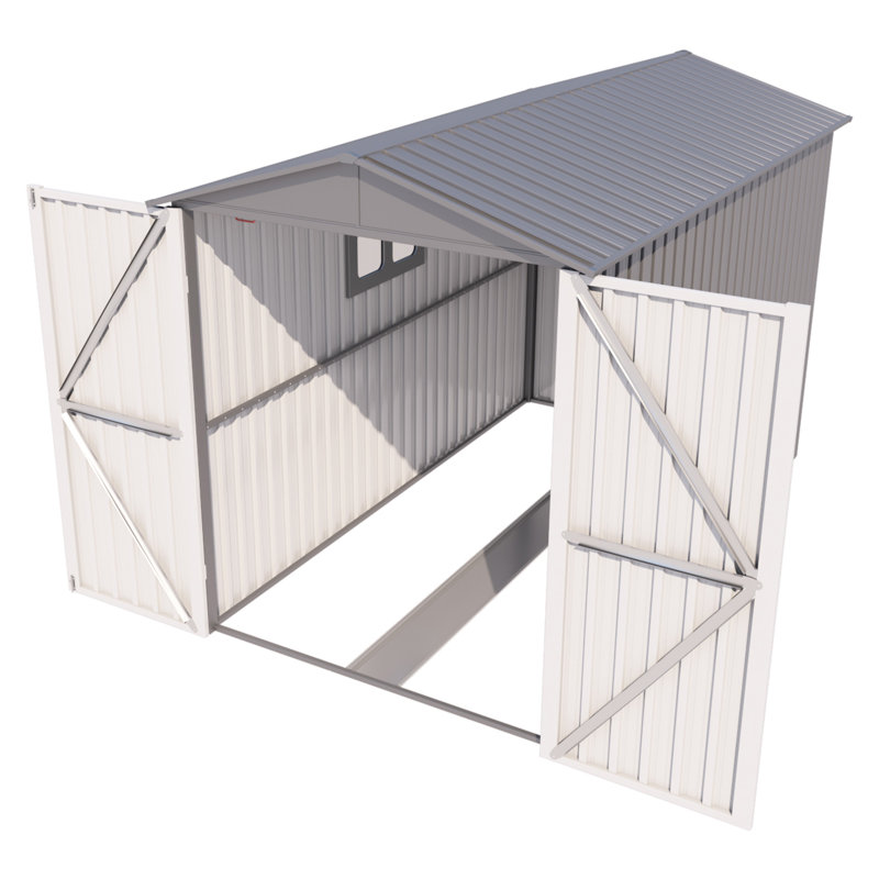 10 pi. L 5,5 pi. D - Remise en métal avec fenêtre, rails et accessoires, aciers d'extérieur pour motos en gris et blanc (53 pieds carrés)