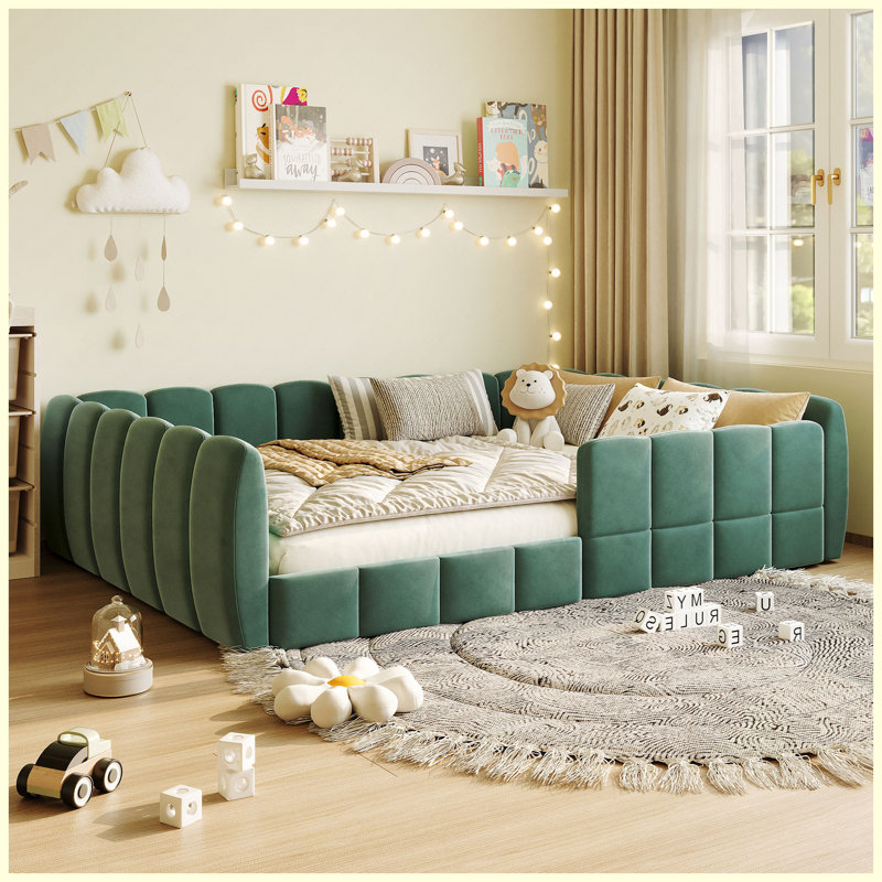 Lit tapissier en velours vert citrouille
