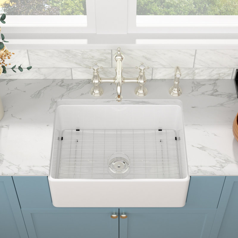 28" L x 20" W Rectangular White Single Bowl Ceramic Farmhouse / Apron Kitchen Sink with Sink Grid and Basket Strainer