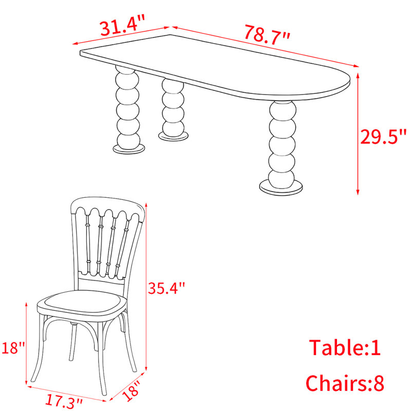 Ensemble de table à manger en bois massif de style français rétro, H 29,5 po x L 78,7 po x l 31,4 po