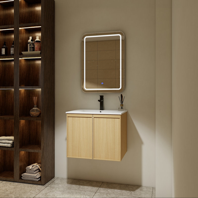 Meuble-lavabo flottant 24 po avec lavabo, armoire en chêne clair et portes à fermeture en douceur 24 po, 24"