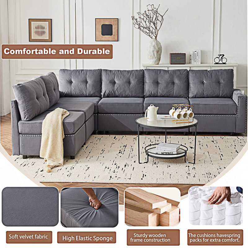 Canapé modulaire avec rangement, canapé-lit dans le salon, Velours gris velours