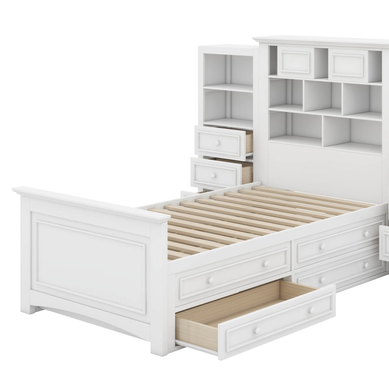 Lit plateforme simple en bois avec armoire verticale et tiroirs, Blanc