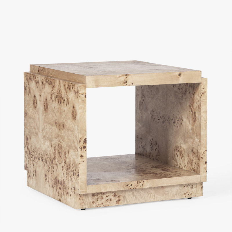Wesley Single Acacia Wood Burl Side Table Natural Finish with Storage Square Plinth Accent Table, Light Burl