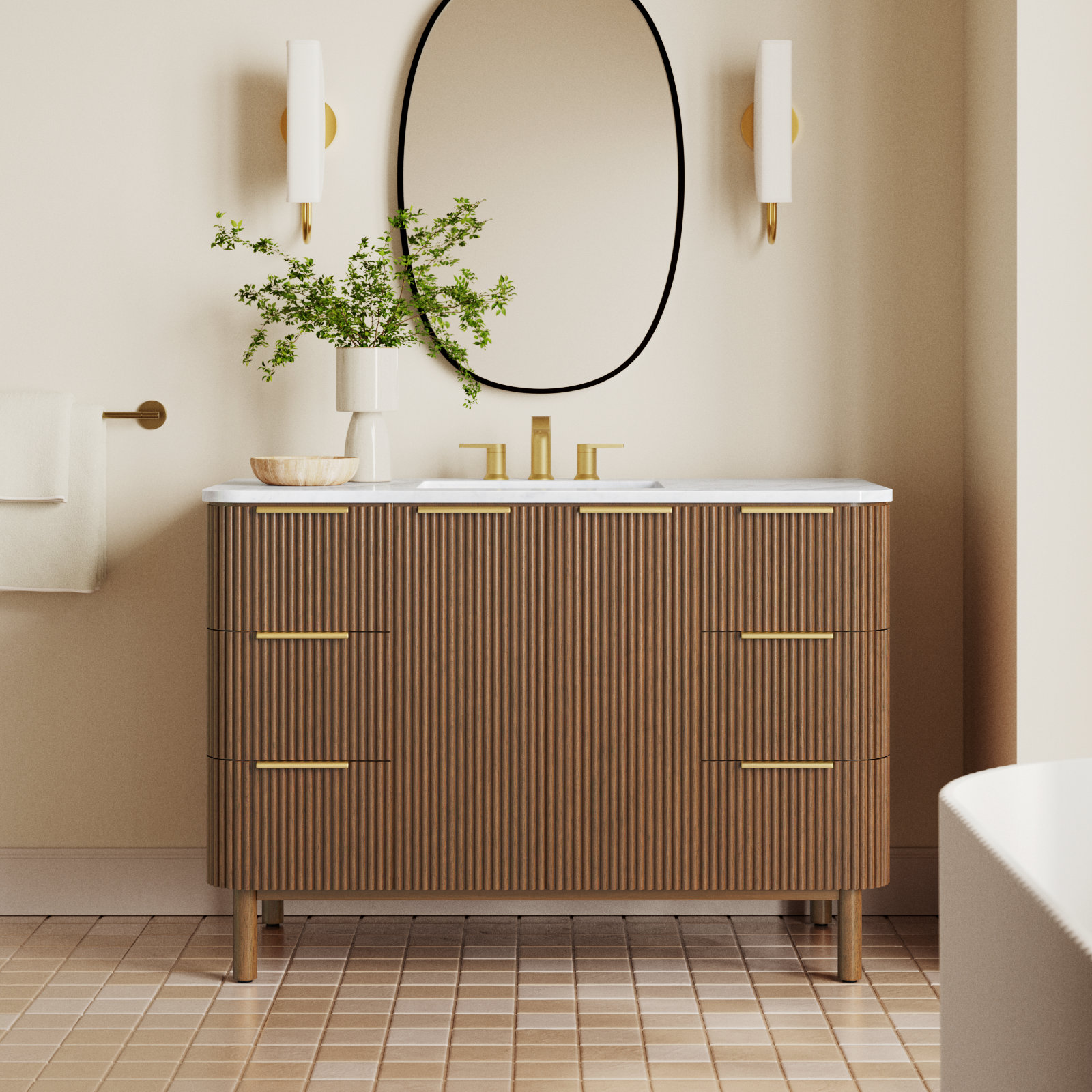 Nova 48" Carrara Marble Single Bathroom Vanity, Brown Reeded Birch