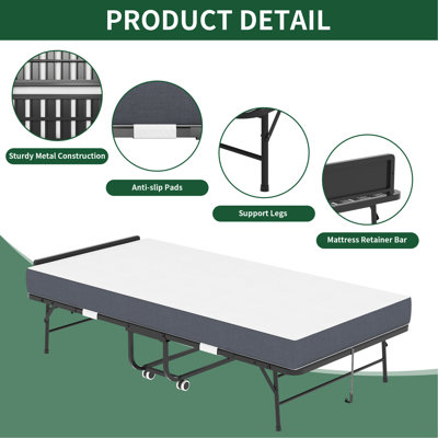 Lit pliant de 75 po x 38 po avec tête de lit réglable, lit escamotable en mousse à mémoire de forme de 5 po pour les personnes de grande taille, lit d'invité portable robuste sur roulettes, lit simple à assembler facilement