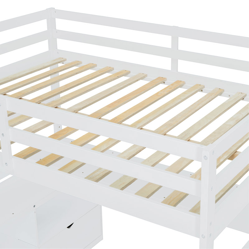 Lit mezzanine avec bureau, 7 tiroirs et 2 tablettes, Blanc, Double