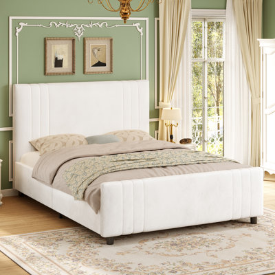 Velvet Upholstered Platform Bed with Tall Channel-Tufted Headboard and Footboard