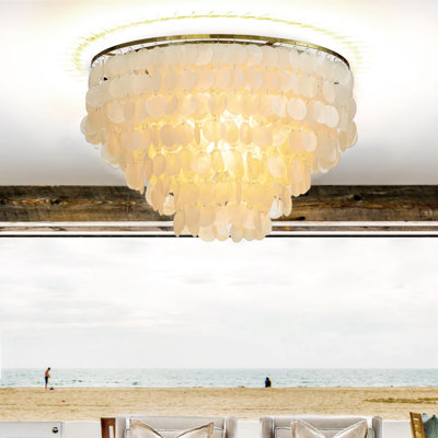Adsett 6-Light Unique Coastal Natural Round Capiz Shell Flush Mount Ceiling