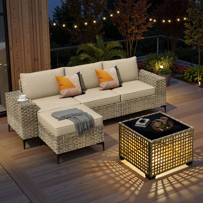 5-Piece Outdoor Patio Furniture Set With Wicker Sectional Sofa, Ottoman & Lighted Coffee Table, Modern Patio Conversation Set For Porch, Deck & Backyard