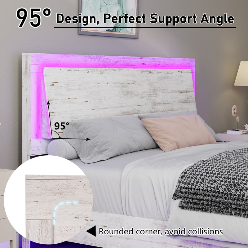 Keynen Farmhouse Floating Bed Frame with LED Light and Headboard, White, Queen