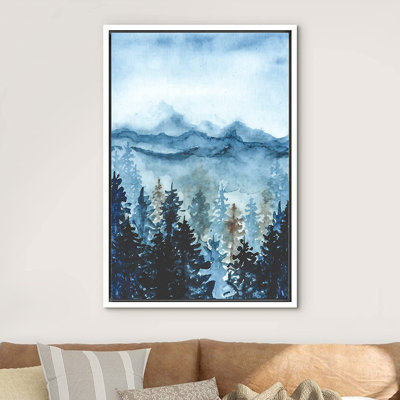 Woodland Forest Landscape " IDEA4WALL Canvas Print Wall Art Watercolor Pastel Winter Blue Fog Mountain Forest Nature Wilderness Illustrations Modern Art Rustic Landscape Colorful For Living Room, Bedroom, Office "