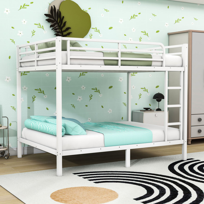 Metal Bunk Bed With Guardrails And Ladder, Full, White
