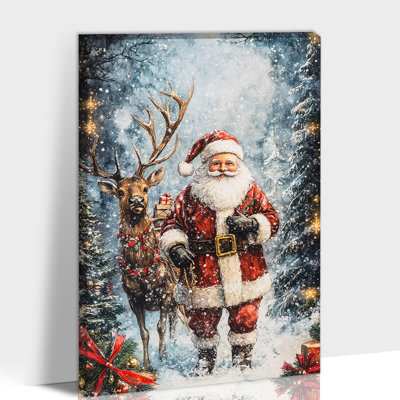 Grand art mural de Noël sur toile: Père Noël et renne, reproduction d'art, affiche d'art des Fêtes d'hiver, décoration murale de ferme de Noël pour le salon, 32 po x 48 po
