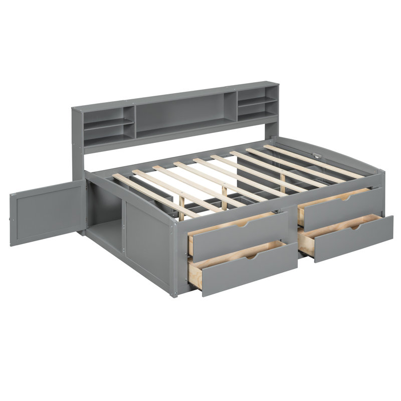 Gray Daybed With 2 Bedside Cabinets, 4 Drawers And Upper Shelves - , Functional Bedroom Furniture & Versatile Shelf Setup