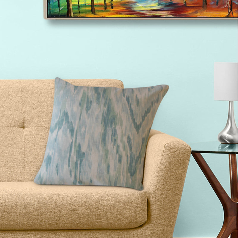Oreiller en coton Wiebke Ikat, 22 po x 22 po, Aqua / Gris, Coussin décoratif