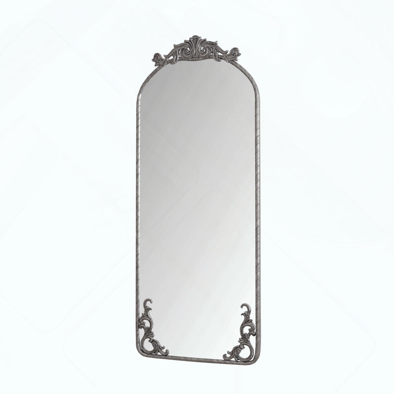 Arched Full Body Mirror with Vintage Ornate Carved Appliques, Antique Silver