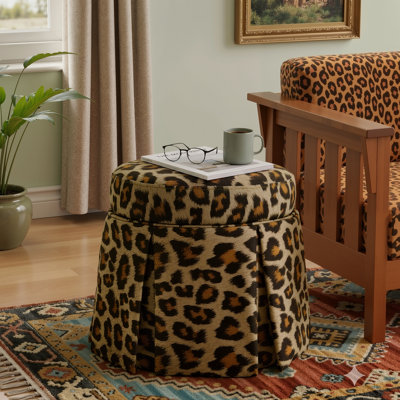 Leopard Round Ottoman With Storage, Acacia Wood Frame Small Coffee Table & Hidden Storage For Living Room Fully Assembled