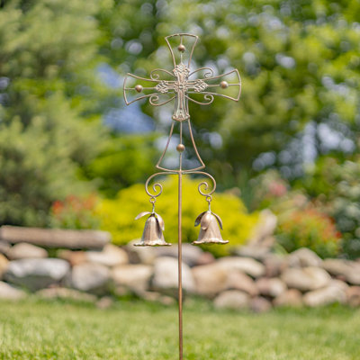 29.5" Tall Ornate Iron Cross Garden Stake with Danging Lily Bells "Raziel"