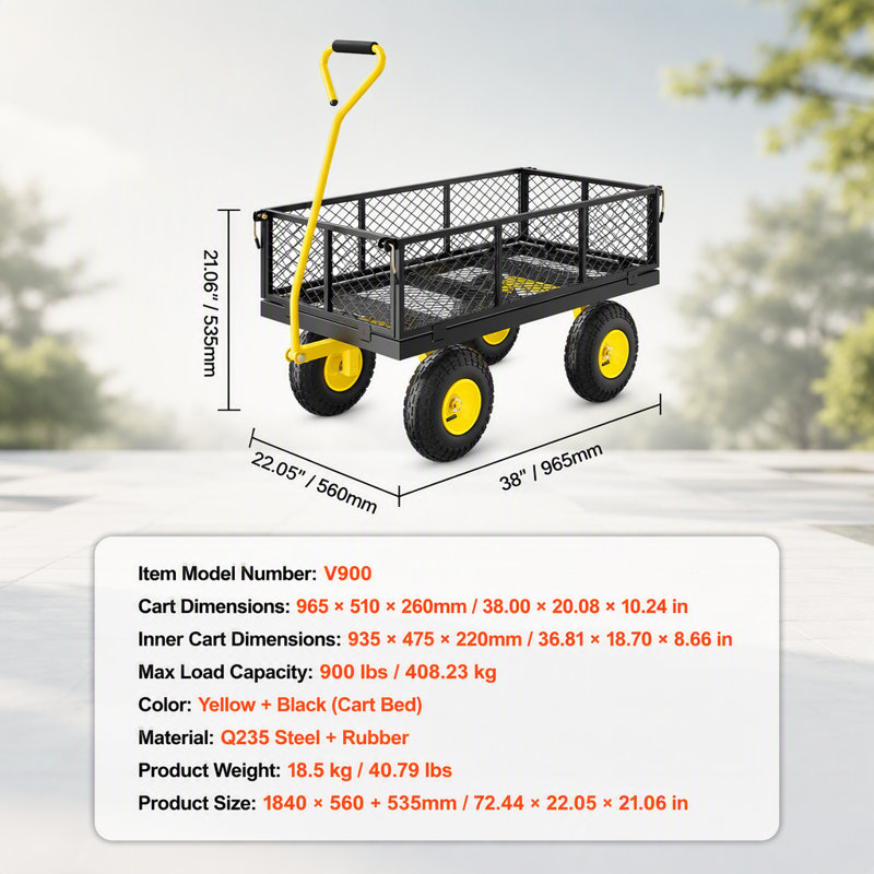 Chariot de jardin en acier robuste de 900 lb avec pneus de 10 pouces, côtés amovibles et poignée rotative à 180 ° pour une utilisation polyvalente à l'extérieur