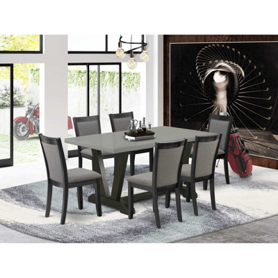 7 Piece Mid Century Dining Set - A Cement Top Wood Dining Table with Trestle Base and 6 Dark Gotham Grey Linen Fabric Dining Room Chairs - Wire Brushed Black Finish