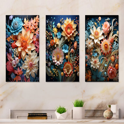 Colorful Botanical Paper Artistry - Flowers Metal Wall Art Living Room Set Of 3