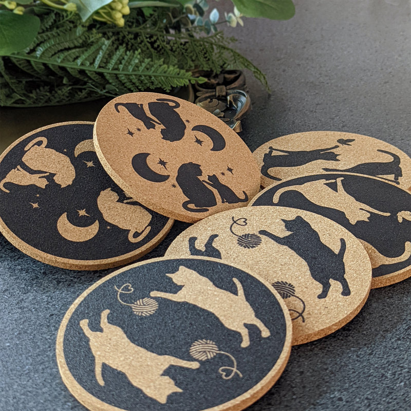 Cork Round 6 Piece Coaster Set With Holder
