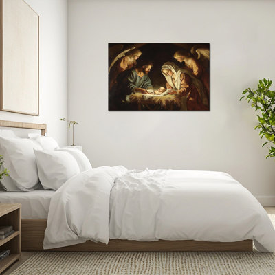 Grande reproduction de toile de crèche de Noël, affiche de naissance de Marie-Joseph et Jésus, reproduction de peinture religieuse classique pour salon, décoration encadrée, photo encadrée prête à être suspendue, 36 po x 48 po