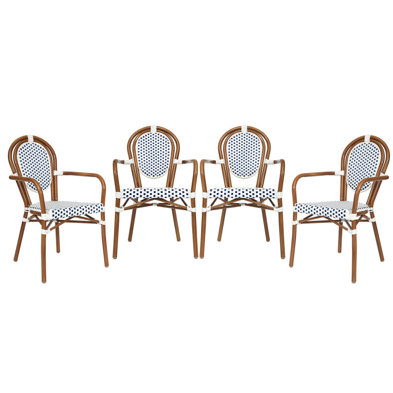 Comeaux Stacking All-Weather Commercial Paris Chairs with Arms and Metal Frames, Black/White