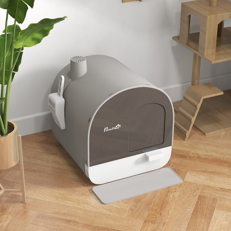 Plastic Litter Box Enclosure with Scoop, Grey/White