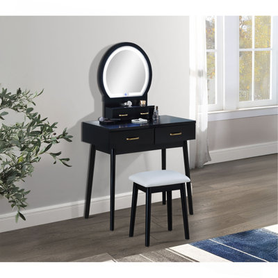 Ensemble de coiffeuse et de tabouret 3 pièces avec miroir à DEL intégré et tabouret rembourré assorti avec poignées ornées de meubles en bois